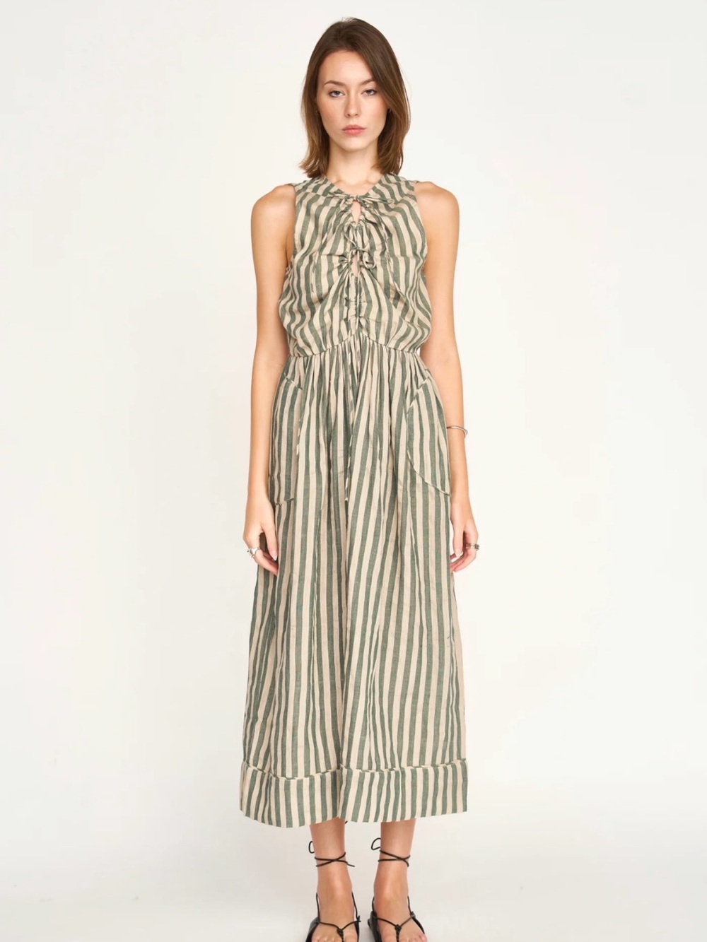 CERRITOS DRESS IN SAFARI STRIPE Sleeveless Green and Cream Dress - NWT